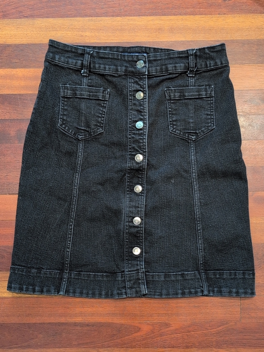 Chaps Black Button-Front Skirt Jean Denim
